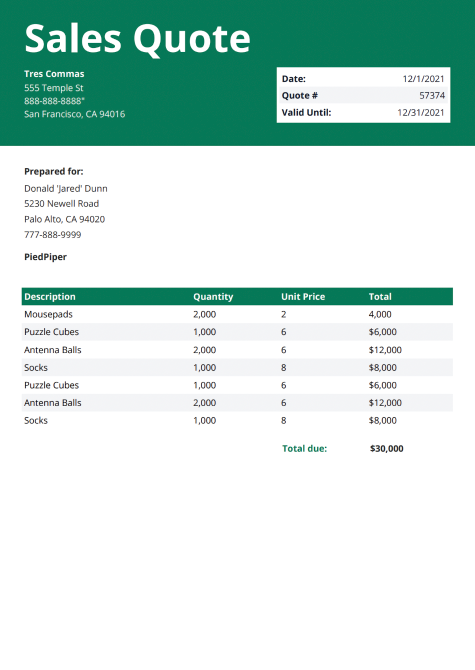 Sales quote generated from PDF generator API.